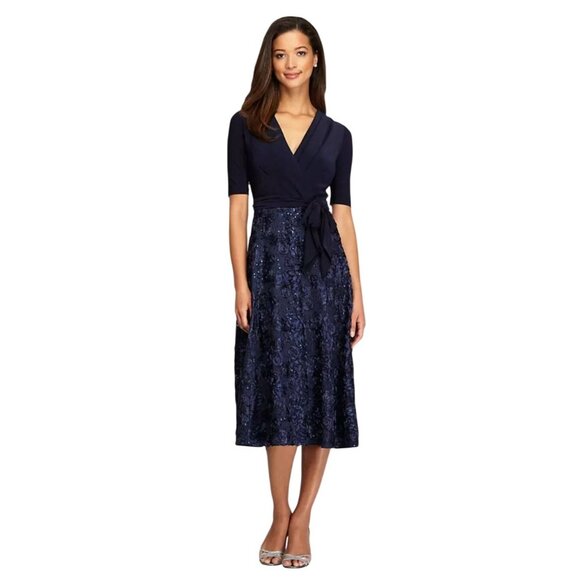 Alex Evenings Navy Tea-Length Soutache Sequined Dress Tie Belt Size 8 Party - Picture 1 of 11